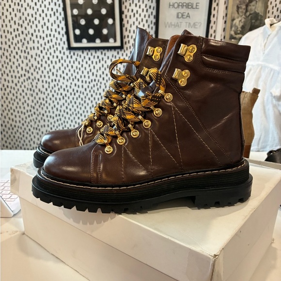 Sandro Paris leather combat boots with yellow ties size 37 NWT - Picture 2 of 3